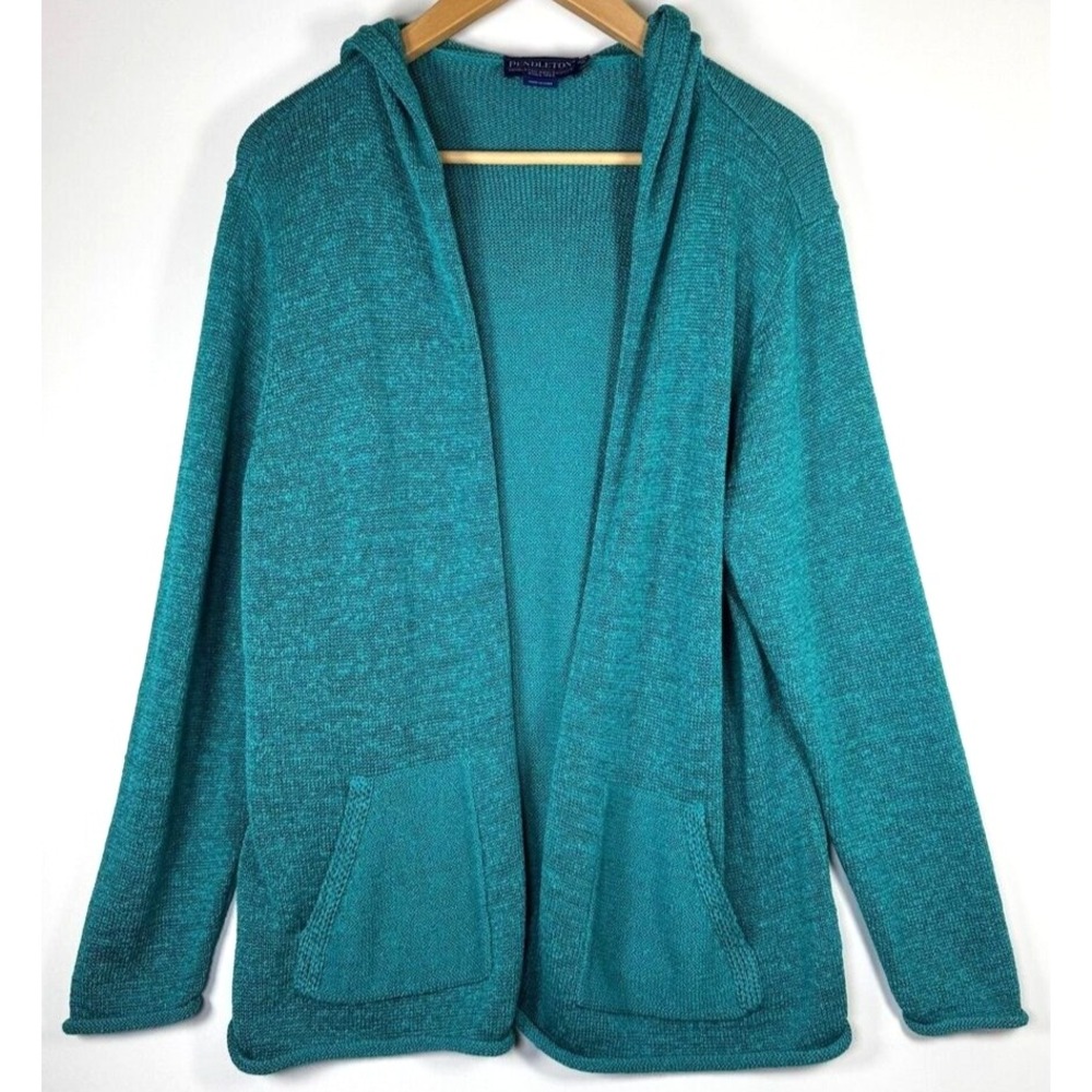 Pendleton Women Petite XL Hooded Open Front Cardigan Teal Cotton Blend Sweater